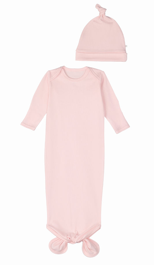 Drop Needle Knotted Gown and Beanie Set - Pink