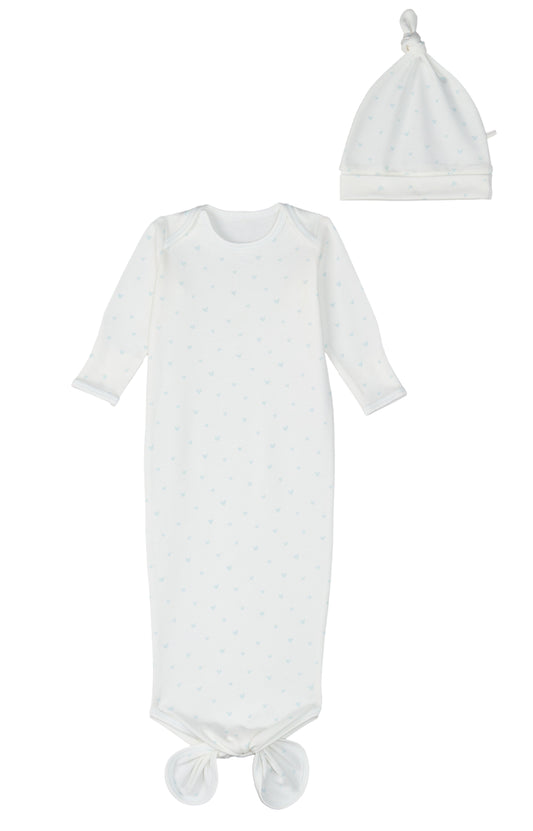 Blue Hearts Print Knotted Gown and Beanie Set