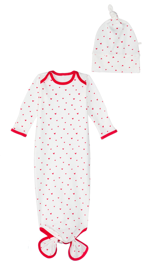 Red Hearts Print Knotted Gown and Beanie Set
