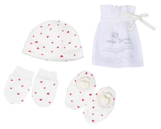 Mitten + Bootie + Beanie Gift Set - Red Hearts